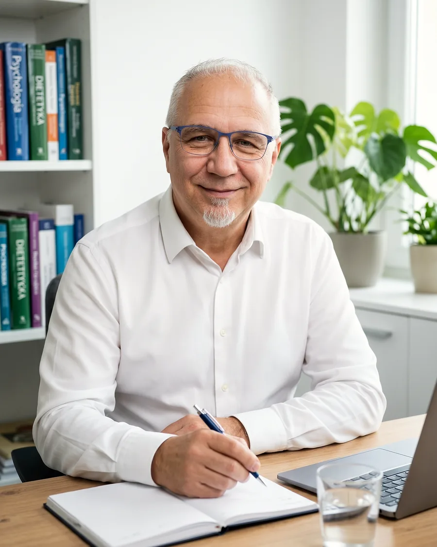 Mariusz Antonowicz, psychodietetyk, przy biurku