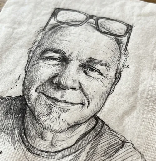 Szkic ołówkiem: portret autora na serwetce